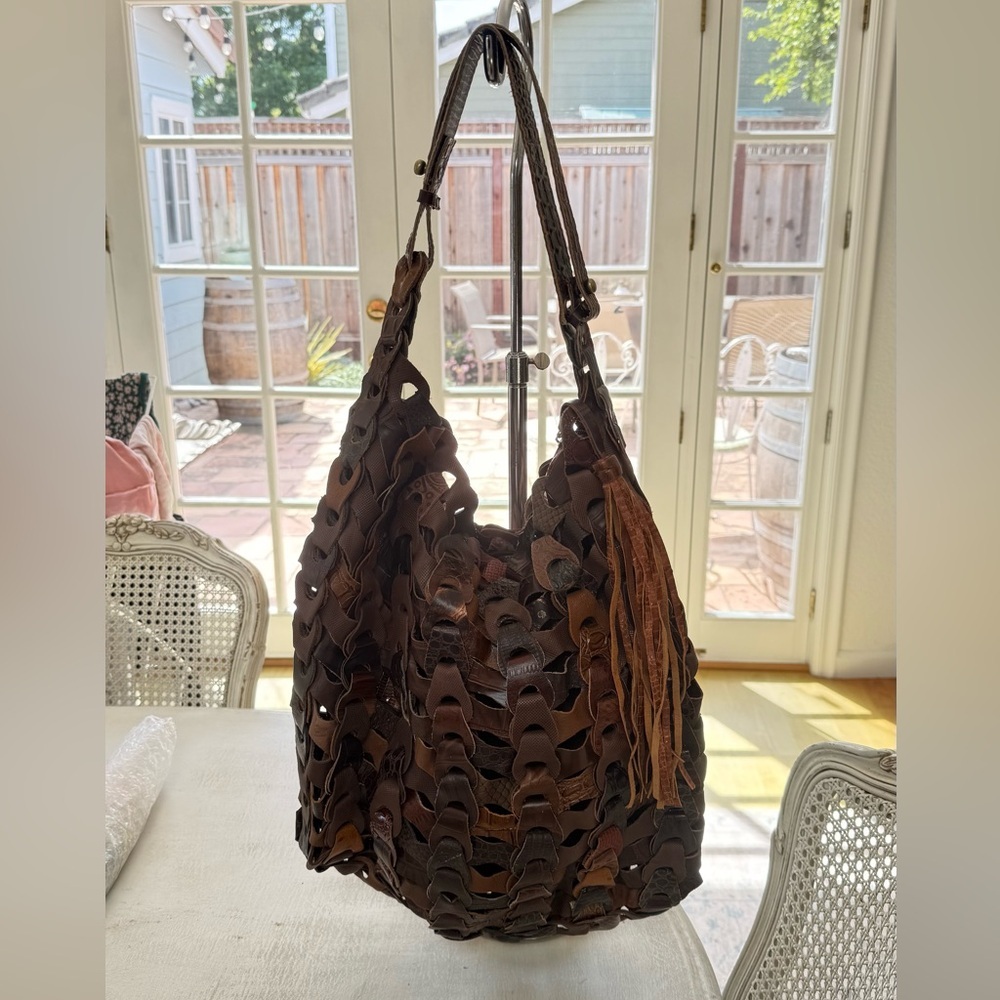 Woven Leather Hobo Bag in Brown with Tassel Detail - Picture 1 of 3